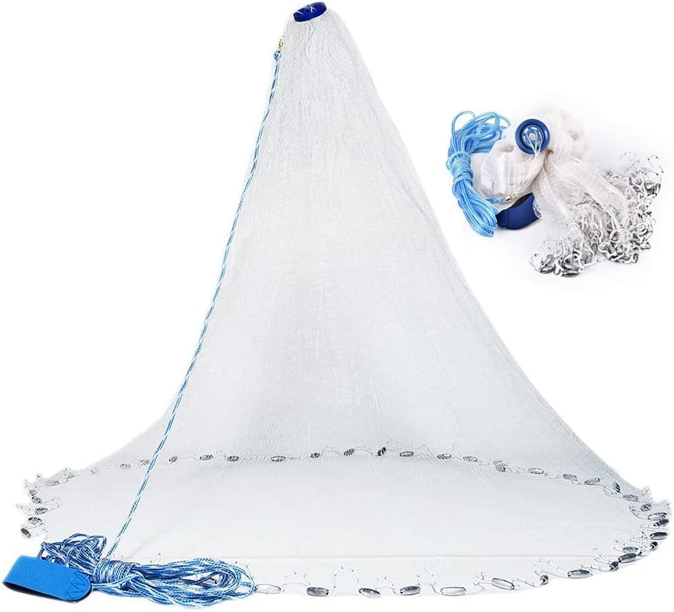 Saltwater Fishing Cast Net for Bait Trap Fish Size 4FT/5FT/6FT/7FT Radius Freshwater Casting Nets, 3/8inch Mesh Size