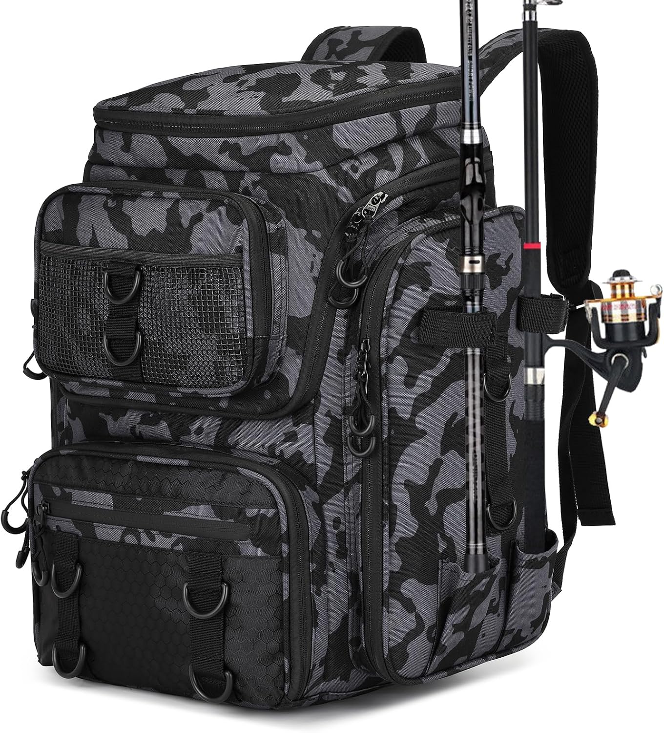 Fishing Backpack with Rod Holder, Waterproof Fishing Bag for Fishing Gear, 42L Large Capacity Tackle Box Backpack (Black Camo)