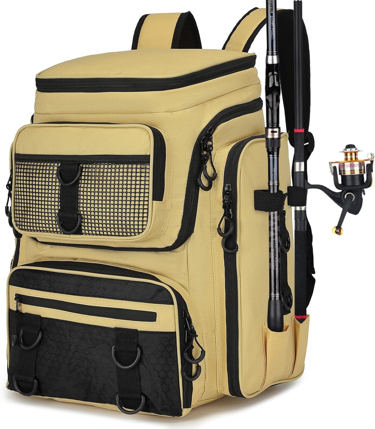 Fishing Backpack with Rod Holder, Waterproof Fishing Bag for Fishing Gear, 42L Large Capacity Tackle Box Backpack (Khaki)