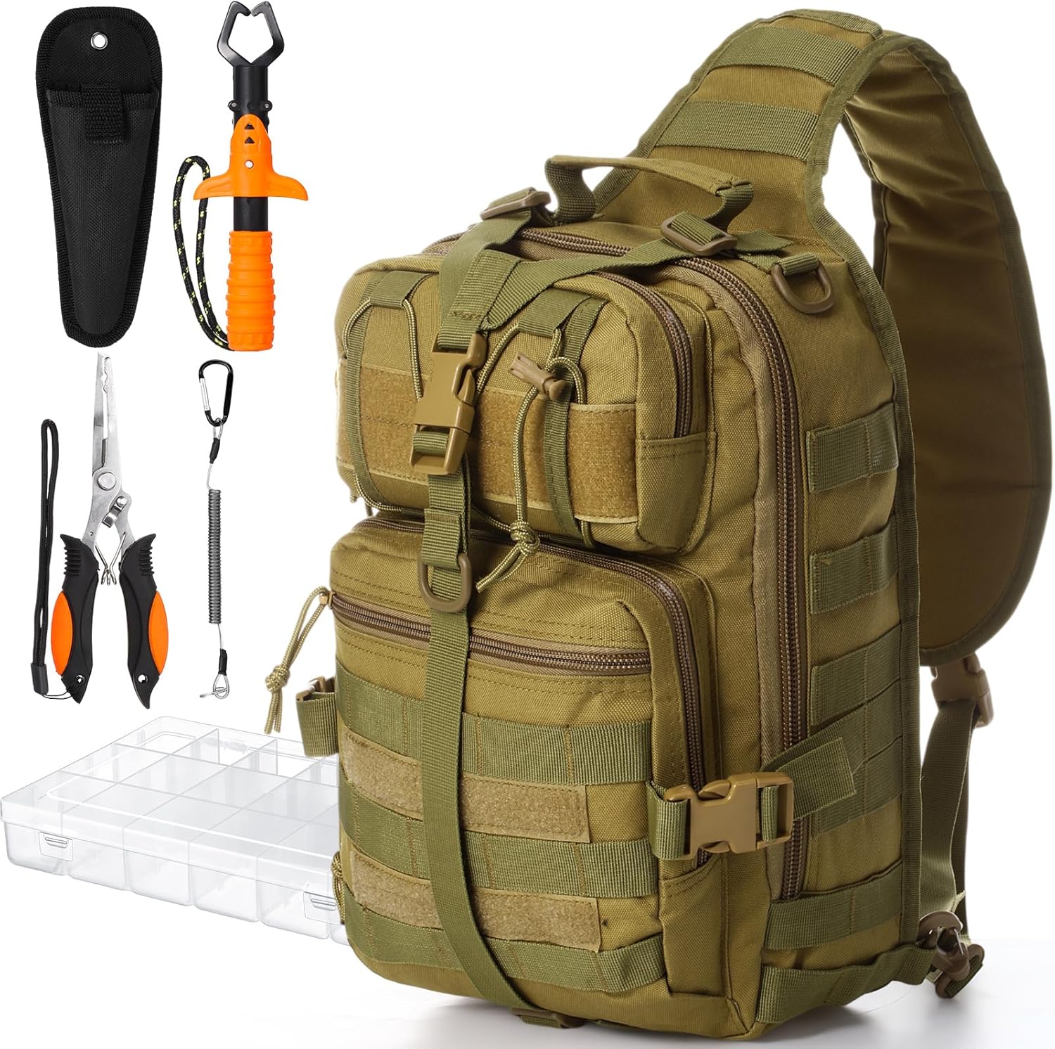 6 Pcs Fishing Tackle Bag Backpack with Rod Holders, Tackle Box, Fishing Pliers Kit and Fish Lip Gripper, Fish Gear and Equipment Fisherman Gift for Men Women