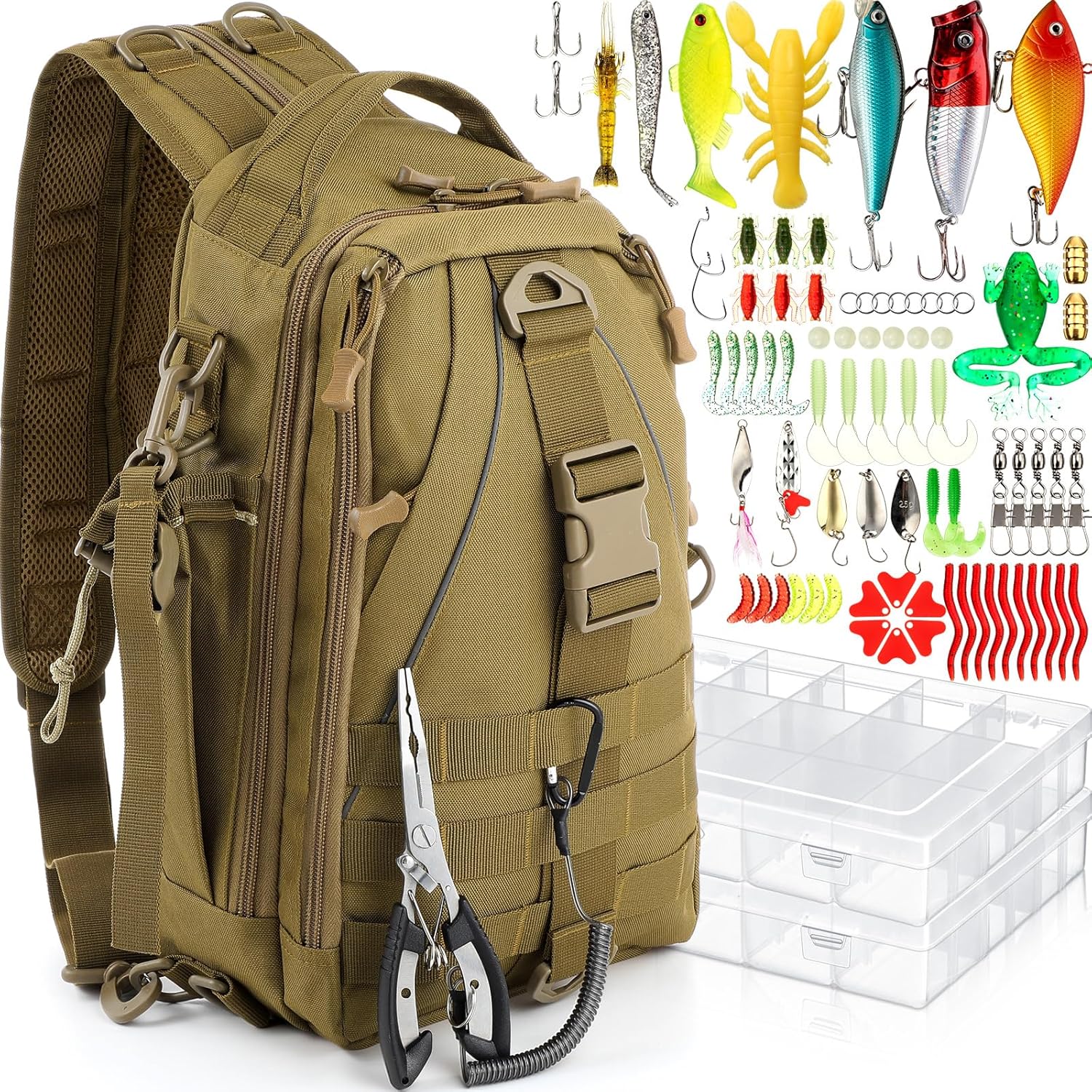85 Pcs Fishing Backpack with Tackle Boxes, Tackle Sling Bag with Rod Holder, Fish Lures Kit and Pliers Set, Christmas Fishing Gift for Men Women